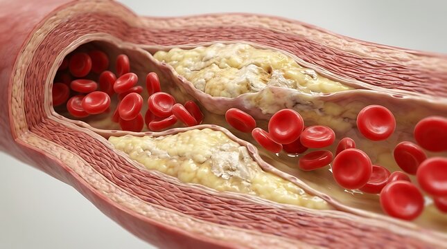 Blood vessel with plaque buildup and red blood cells