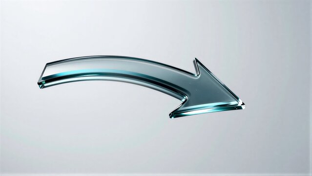 Transparent glass arrow pointing upward, sleek design against minimalist background.