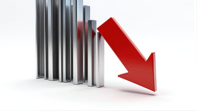 Red arrow points down, symbolizing decline against a row of silver bars.