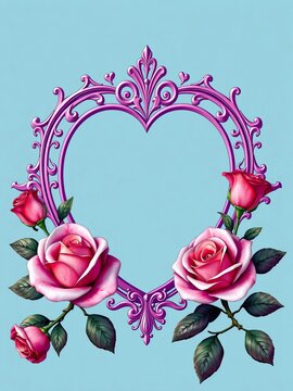 Elegant heart frame with delicate lines and ornate details surrounded by two full roses in various colors, anniversary, handmade