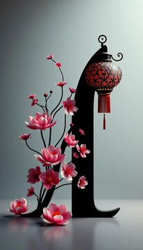 Elegant black silhouette of the letter L adorned with delicate lotus flowers and a traditional lantern, letter, elegant