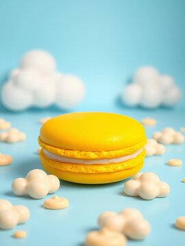 Bright yellow macaron sits on a light blue surface amidst cartoon clouds, cute, happy