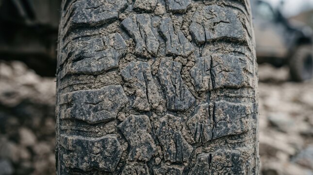 Giant tire sidewall packed with rock dust and deep tread cuts on heavy mining equipment.