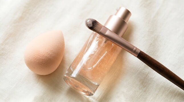 Liquid foundation bottle with makeup brush and a soft blending sponge for beauty routine. makeup primer tutorial