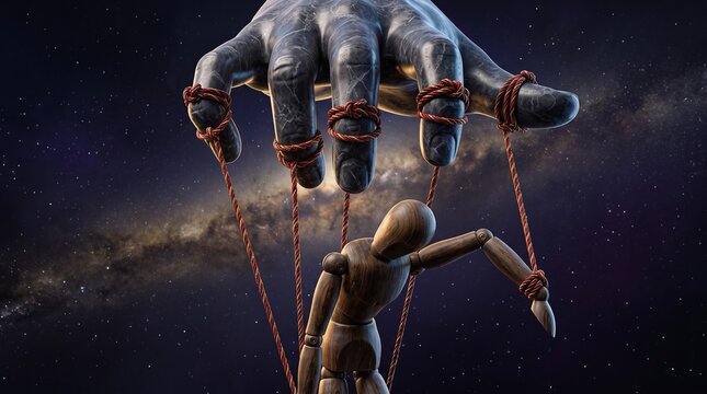 A wooden puppet manipulated by strings.
