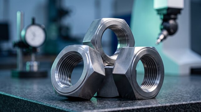 Three machined metal hexagonal threaded nuts.
