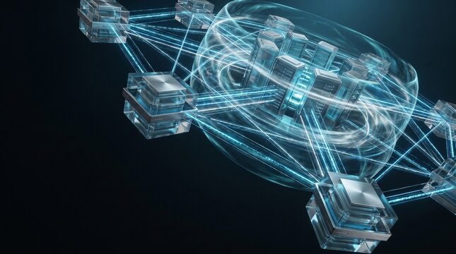 3D rendering of decentralized blockchain nodes connected in a secure digital data network
