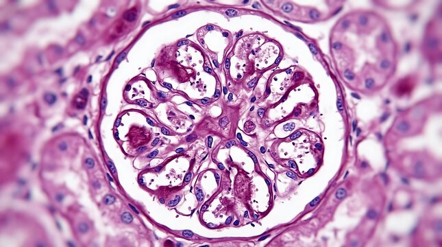Microscopic view of kidney glomerulus histology