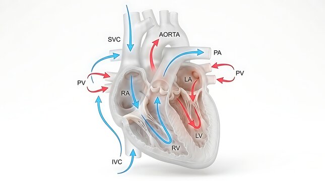 Human heart anatomy with blood flow arrows with transparent background