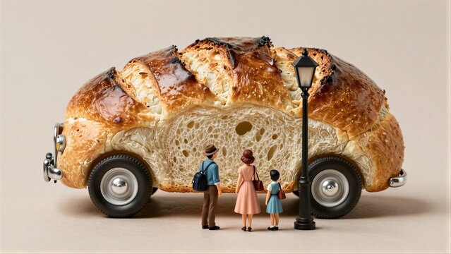 A bread car with tiny figures and a lamp post, whimsical bakery adventure.