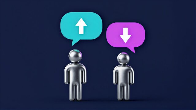 Two metallic figures with upload and download speech bubbles above them.