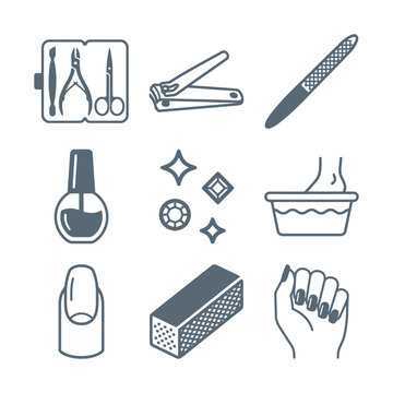 Minimal line icons of manicure tools and nail care items