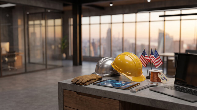 Labor Day Workforce Celebration with Construction, Manufacturing and Modern Workplace Elements