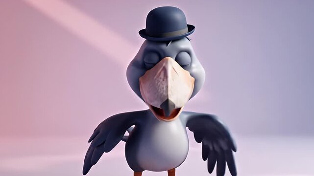 Cute 3D Bird Character in a Bowler Hat with Closed Eyes

