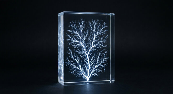 Lichtenberg fractal tree structure inside clear acrylic block with edge lighting on dark background capturing high voltage electron beam discharge channels for physics science energy concept