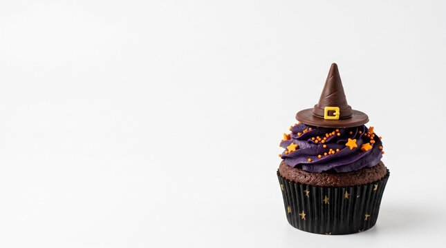 Spooky Halloween Cupcake: A delicious chocolate cupcake adorned with vibrant purple frosting, festive orange stars, and a miniature witch hat, perfect for a hauntingly good treat.