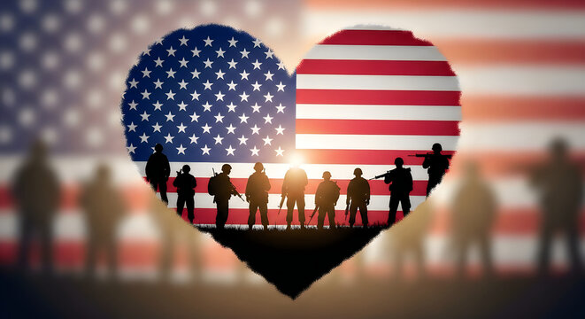 Patriotic heart shape with silhouettes of soldiers celebrating american veterans day holiday event