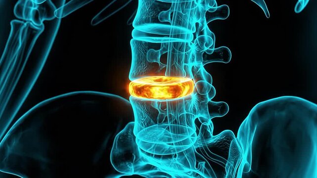 3D medical animation of a translucent human spine highlighting a glowing orange intervertebral disc representing back pain or injury