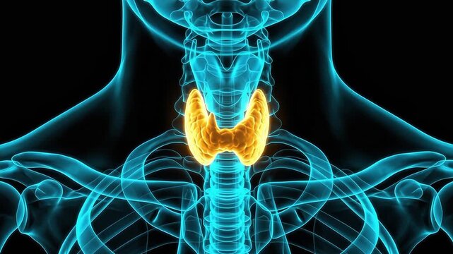 3D medical animation showing the thyroid gland highlighted in orange within a blue transparent human neck and skeletal structure