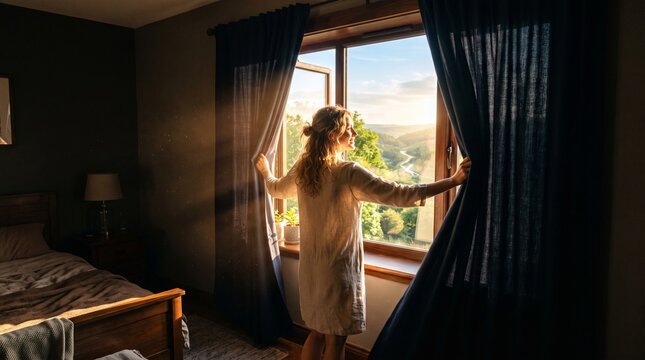 Woman opening curtains in bedroom to reveal a beautiful sunlit landscape with rolling hills and a river