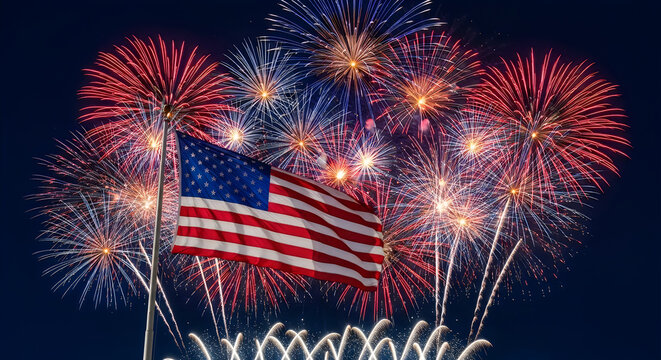 Bright colorful fireworks display behind the american flag for veterans day celebration