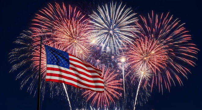 Bright colorful fireworks display over the american flag for veterans day celebration