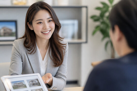 タブレットで物件を案内する女性営業