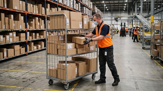 Warehouse worker wearing mask and safety vest organizes boxes on a cart