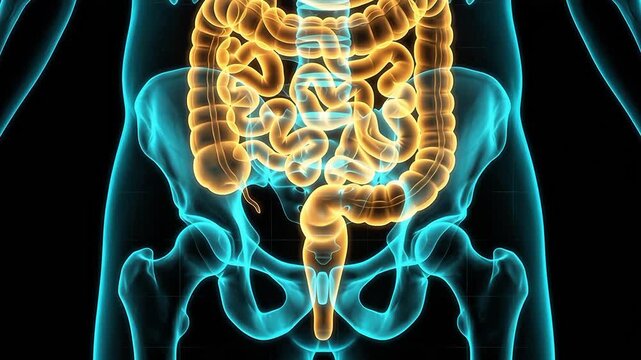 3D medical animation of the human digestive system highlighting the intestines and colon within a translucent skeletal frame