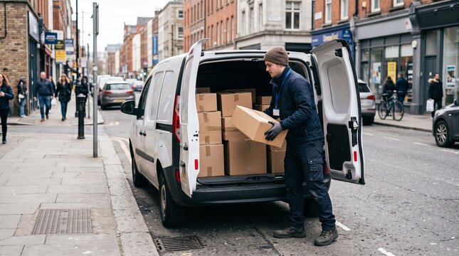 Delivery driver unloading packages from a white van on a city street with pedestrians walking by