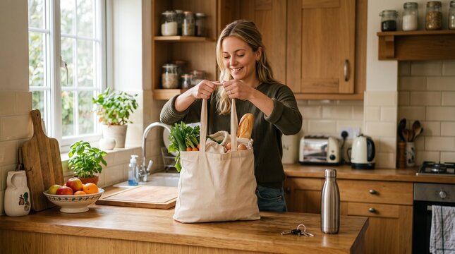 Woman unpacking groceries in a bright kitchen with reusable tote bag full of fresh produce and bread