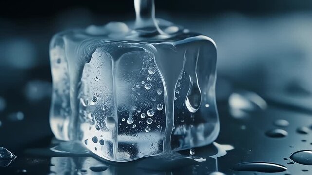 Ice cube melting on a reflective surface in moody lighting
