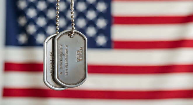 Military dog tags hanging in front of the american flag for veterans day