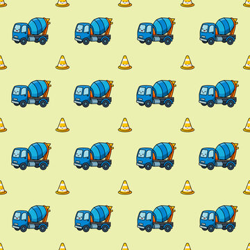 Cute Cement Mixer Truck and Traffic Cone Seamless Pattern Background Vector for Kids Fabric
