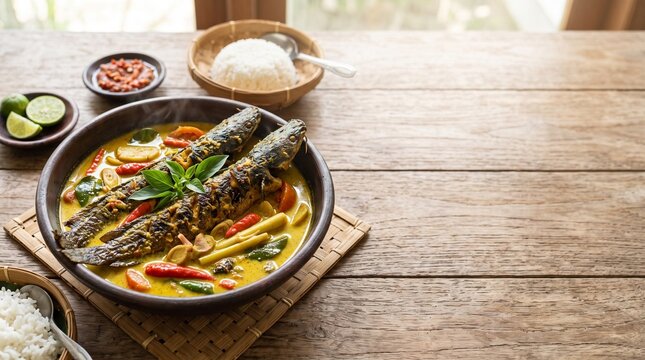 Traditional Indonesian Mangut Lele Smoked Catfish Curry Served with Rice on Wooden Table