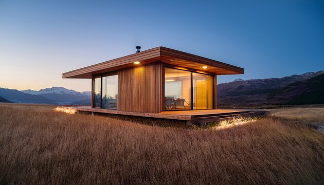 modern minimalist wooden single story house with warm glowing interior lights located in open dry grass field with distant mountains at dusk
