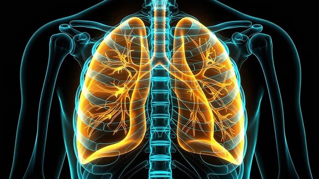 3D medical animation of the human respiratory system showing glowing orange lungs and anatomical ribcage