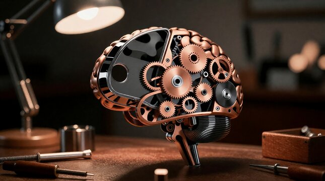 Mechanical human brain model made of copper gears and cogs sitting on a wooden desk with a desk lamp