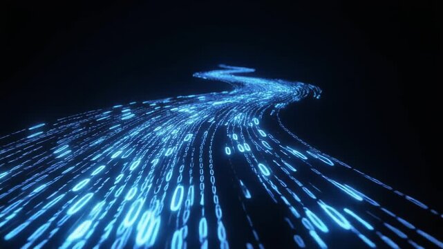 Glowing Blue Binary Code Data Stream Flowing Through Dark Technology Background