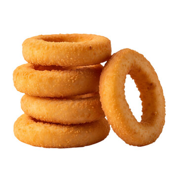 A vertical stack of five crispy, golden-brown fried onion rings, showcasing a textured, crunchy surface and circular shapes on a white background isolated on a transparent background