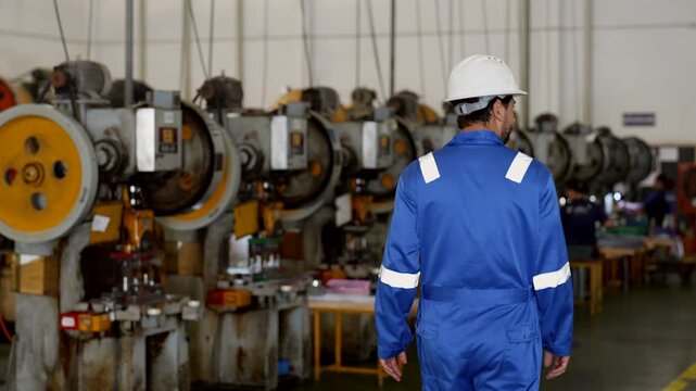 Industrial Worker in Blue Uniform and Protective Clothing Inspecting Metal Machinery, Industrial Equipment, and Production Line in Manufacturing Facility Factory Workplace Safety Environment
