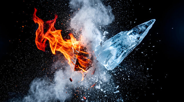 Dramatic explosion of fire and ice shard clashing with smoke and sparks in dark space