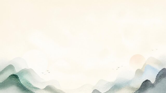 Korean Ink Wash Mountain Landscape with Minimalist Negative Space