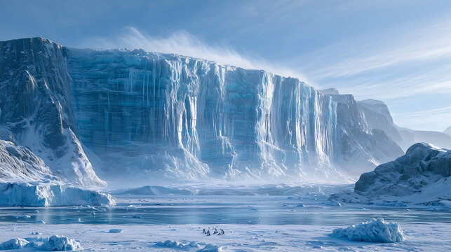 monumental vertical glacier wall rising hundreds of meters above a frozen landscape, layers of ancient compressed blue and white ice clearly visible.