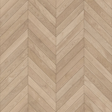 Seamless texture of light brown oak chevron parquet flooring with visible beveled edges, natural wood pattern background for architectural rendering