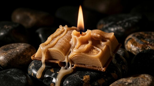 Book shaped candle with a burning flame resting on dark river stones in a low light setting