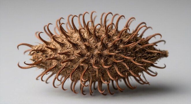 Extreme macro photograph of cocklebur seed pod displaying curved hooks for biomimicry design and nature science research concepts isolated on smooth gray surface