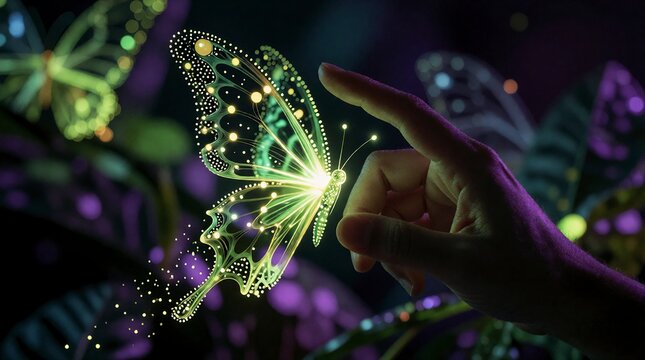 Human finger touching a glowing digital butterfly made of light particles in a dark environment