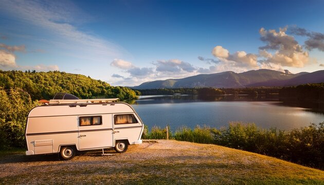 retro camper van by a tranquil lake