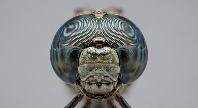 Dragonfly compound eye macro photo with hexagonal lens geometry and iridescent optics for science and biology concept